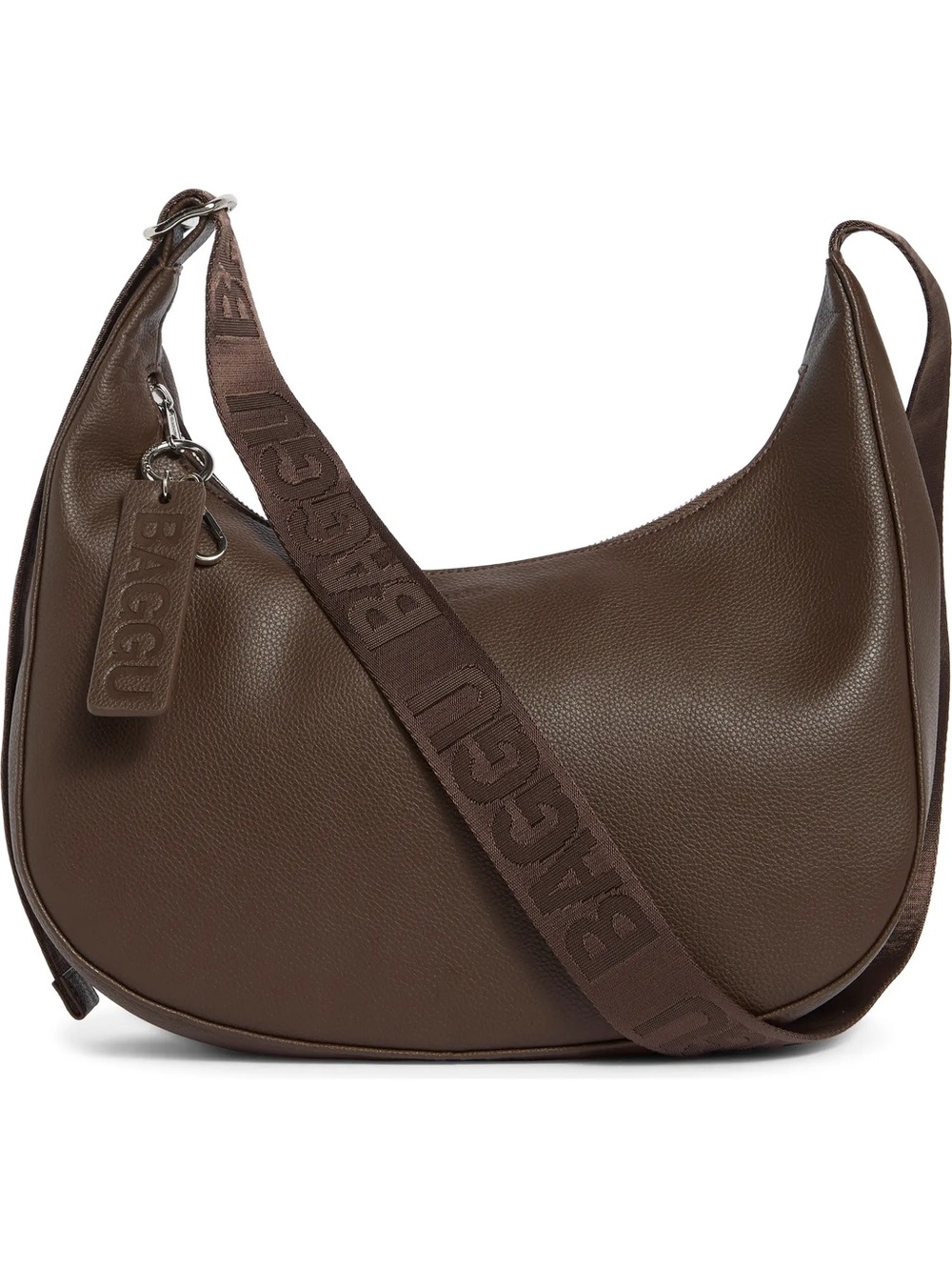 BAGGU Chocolate Brown Leather Crescent Bag with Logo Strap